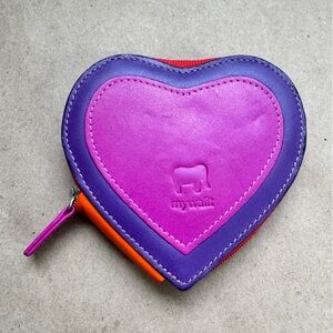 Mywalit Purple and Pink Leather Heart Shaped Change Purse. 4” by 4” by 0.5”